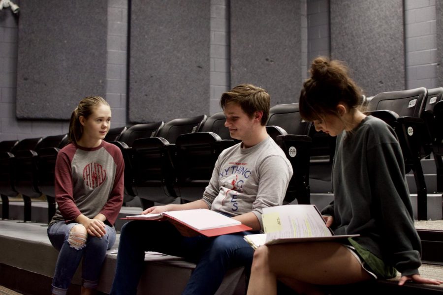 Abigail Waldroup (left) and Rylee Norling (right) run lines with Ben Barber. All three will have lead roles in Beardens production of Crazy for You.