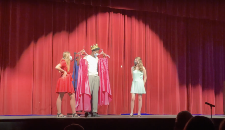 Freshmen Kendyl May, King Stephney, and Isabella Meisner (left to right) perform at Tuesday nights annual skits.