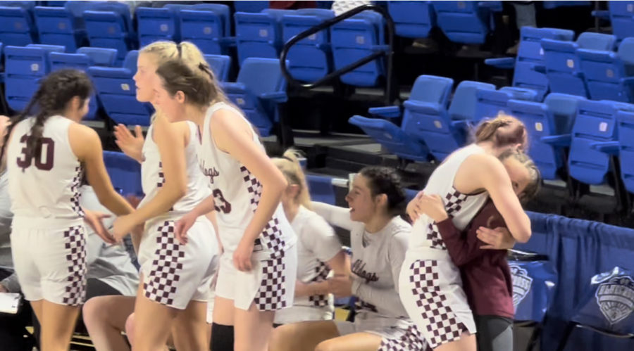 The+Lady+Bulldogs+celebrate+their+state+championship+as+the+final+seconds+tick+away.+At+the+end+of+the+bench%2C+Hannah+Claire+Stephens+hugs+Reese+Underwood.