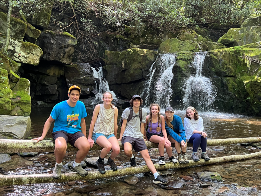 The Bearden Hiking Club takes a break at Indian Flats Falls on their September hike in the Tremont area of Great Smoky Mountains National Park.