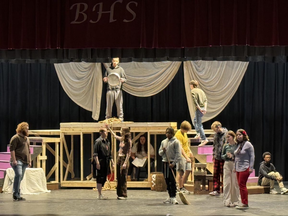 Advanced acting students rehearse on the set of Treasure Island earlier this week. The crew are working on some big effects for this years show.